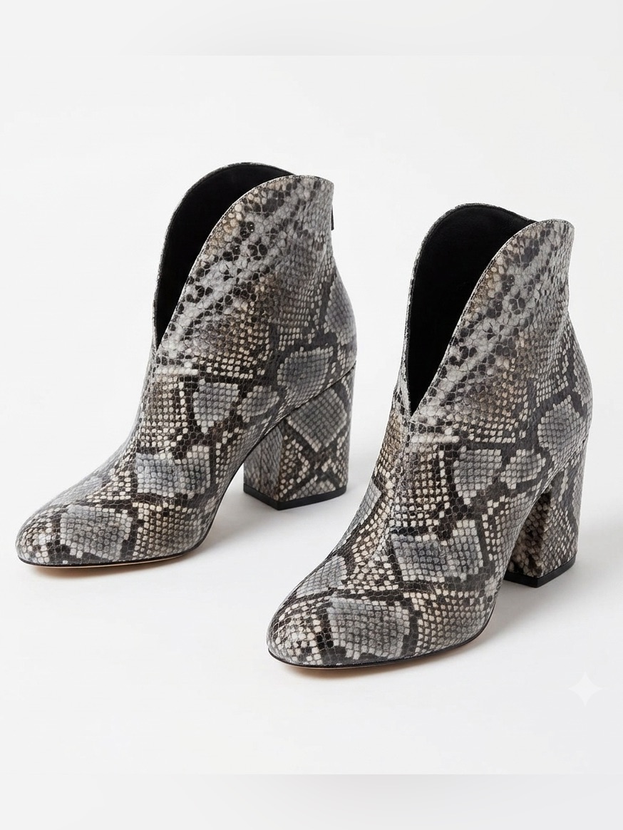 Diane Von Furstenberg Snakeskin Wedge Boots Womens 9m Grey Black Leather V-Cut
